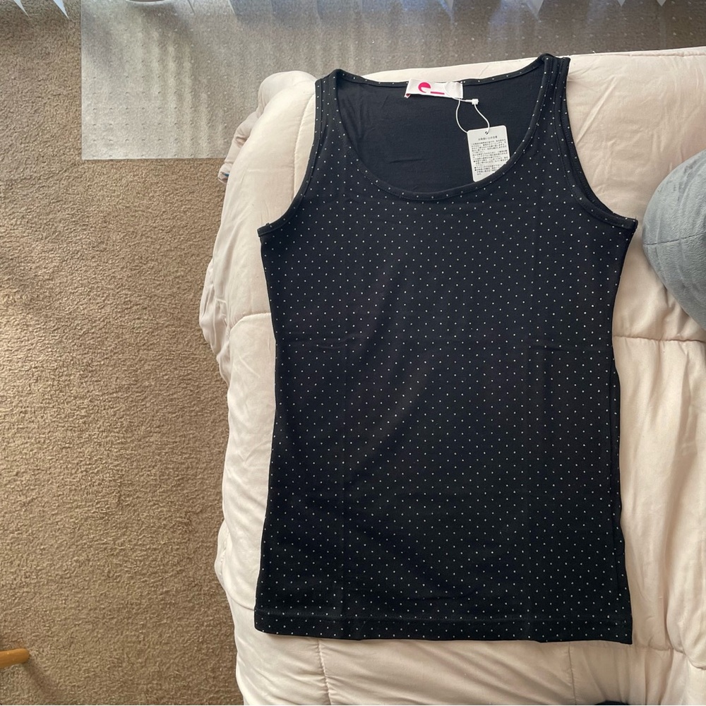 NEW black tank top with silver polka dots